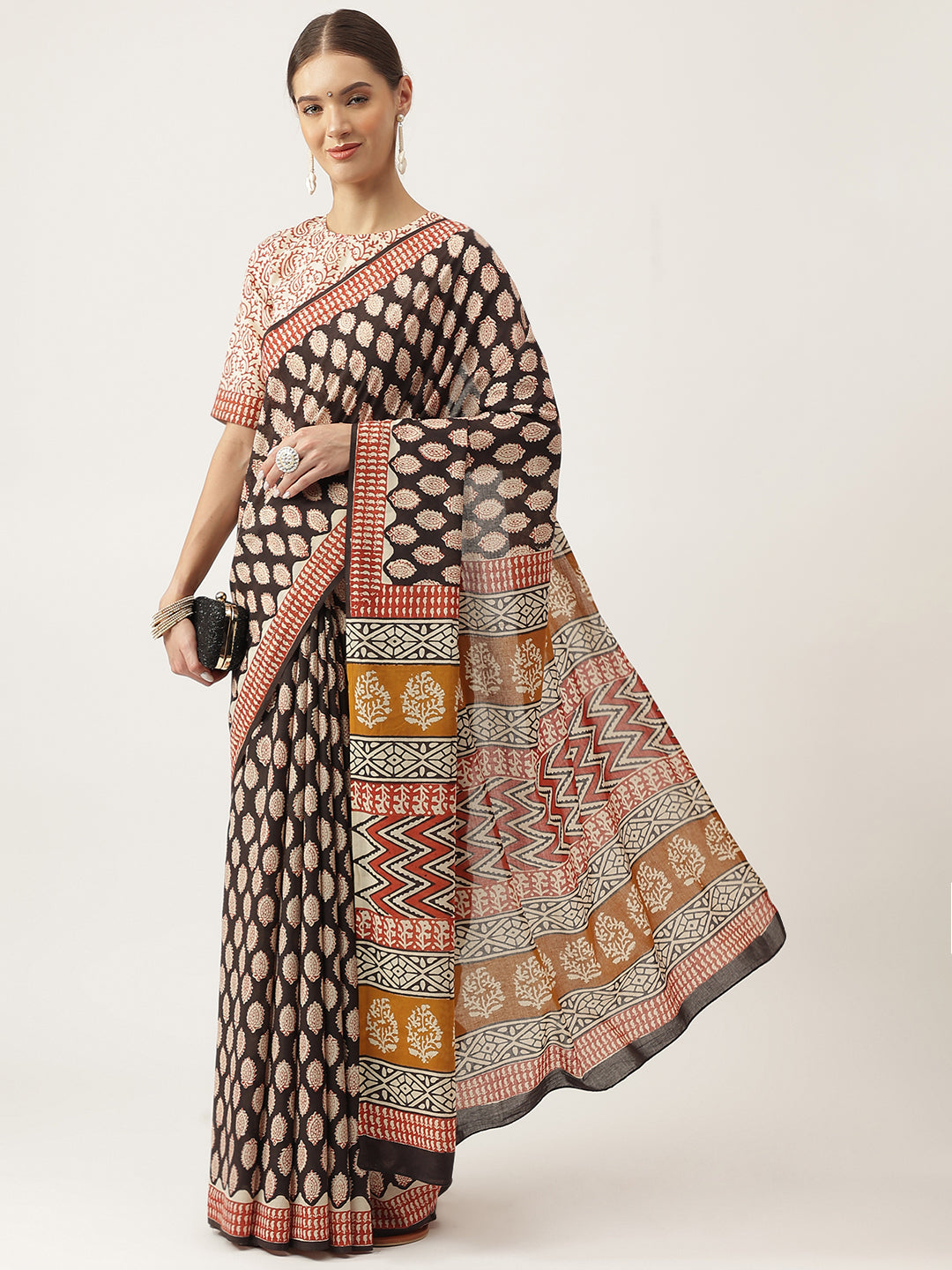 Women's Black & Beige Hand Block MulMul Cotton Saree - Taantav