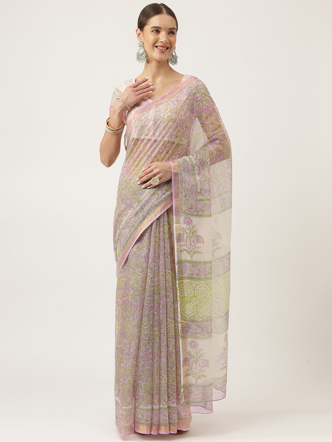 Women's Purple Hand Block Kota Doria Saree - Taantav