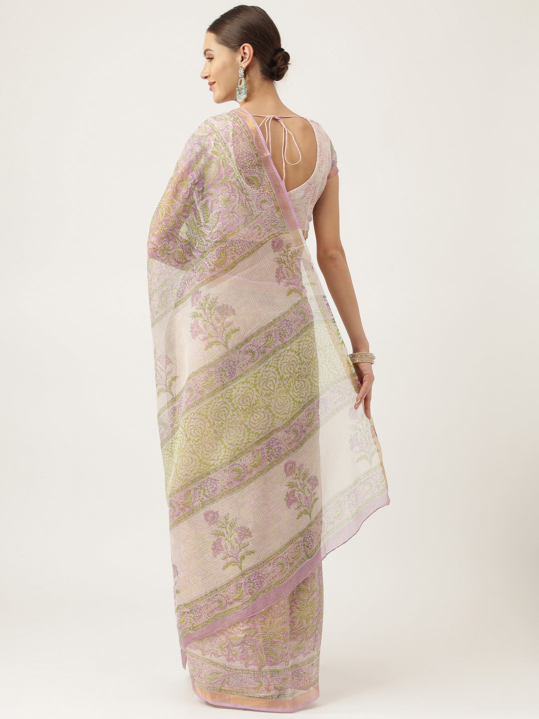 Women's Purple Hand Block Kota Doria Saree - Taantav