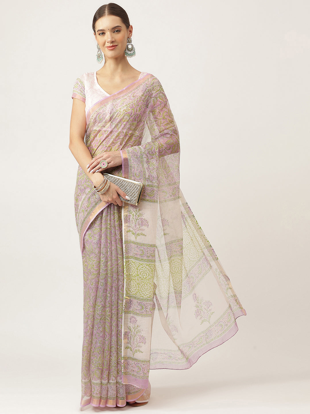 Women's Purple Hand Block Kota Doria Saree - Taantav