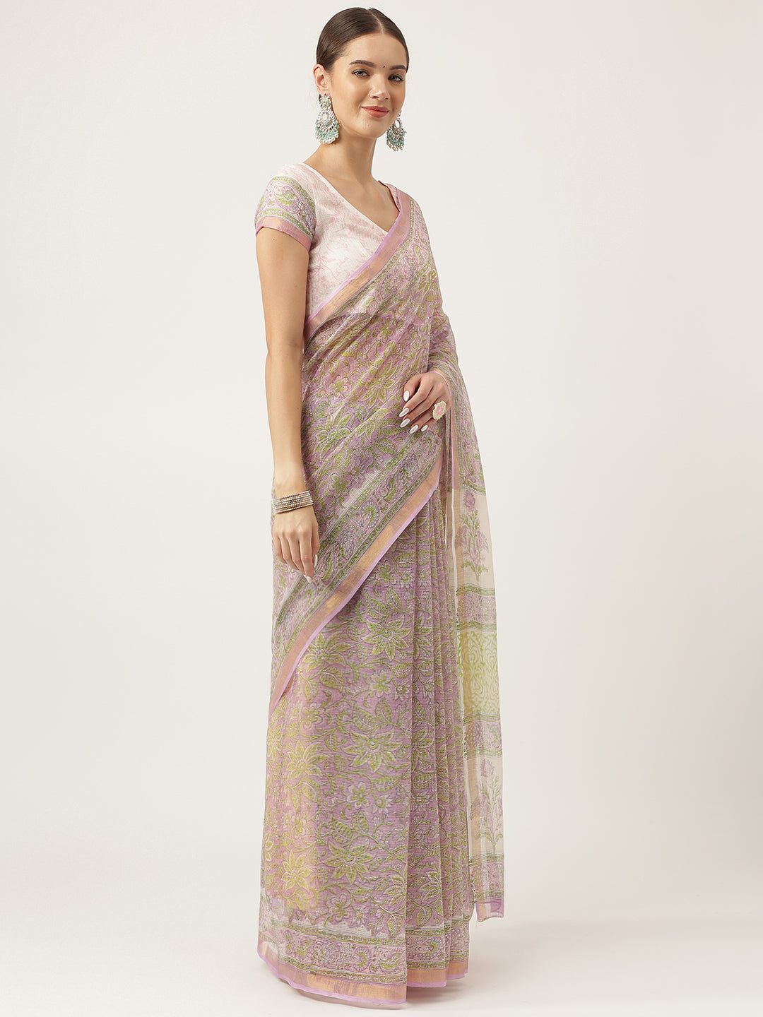 Women's Purple Hand Block Kota Doria Saree - Taantav