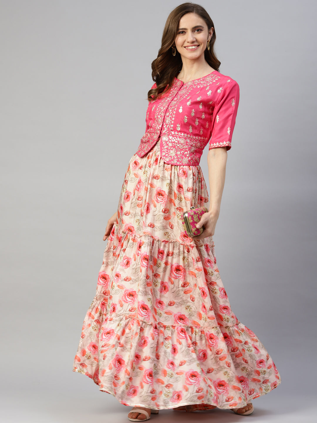 Women's Pink Raw Silk Top with skirt set - Taantav