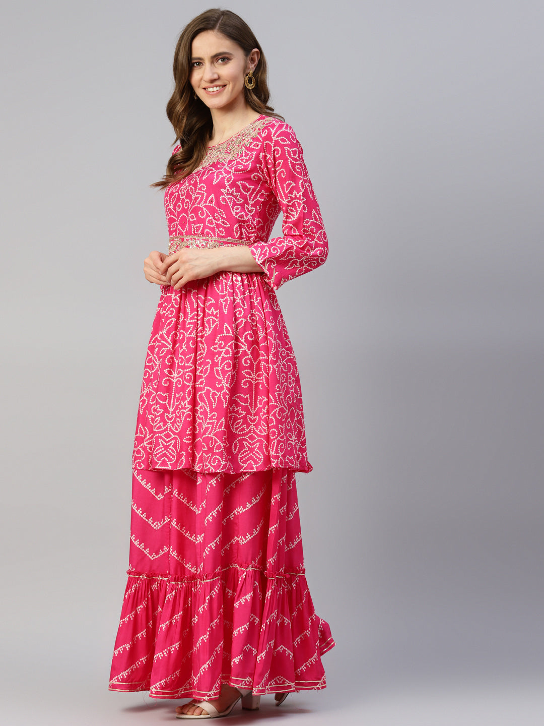 Women's Pink Muslin Bandhani Printed Embroidery Peplum Kurta Sharara Set with Dupatta - Taantav