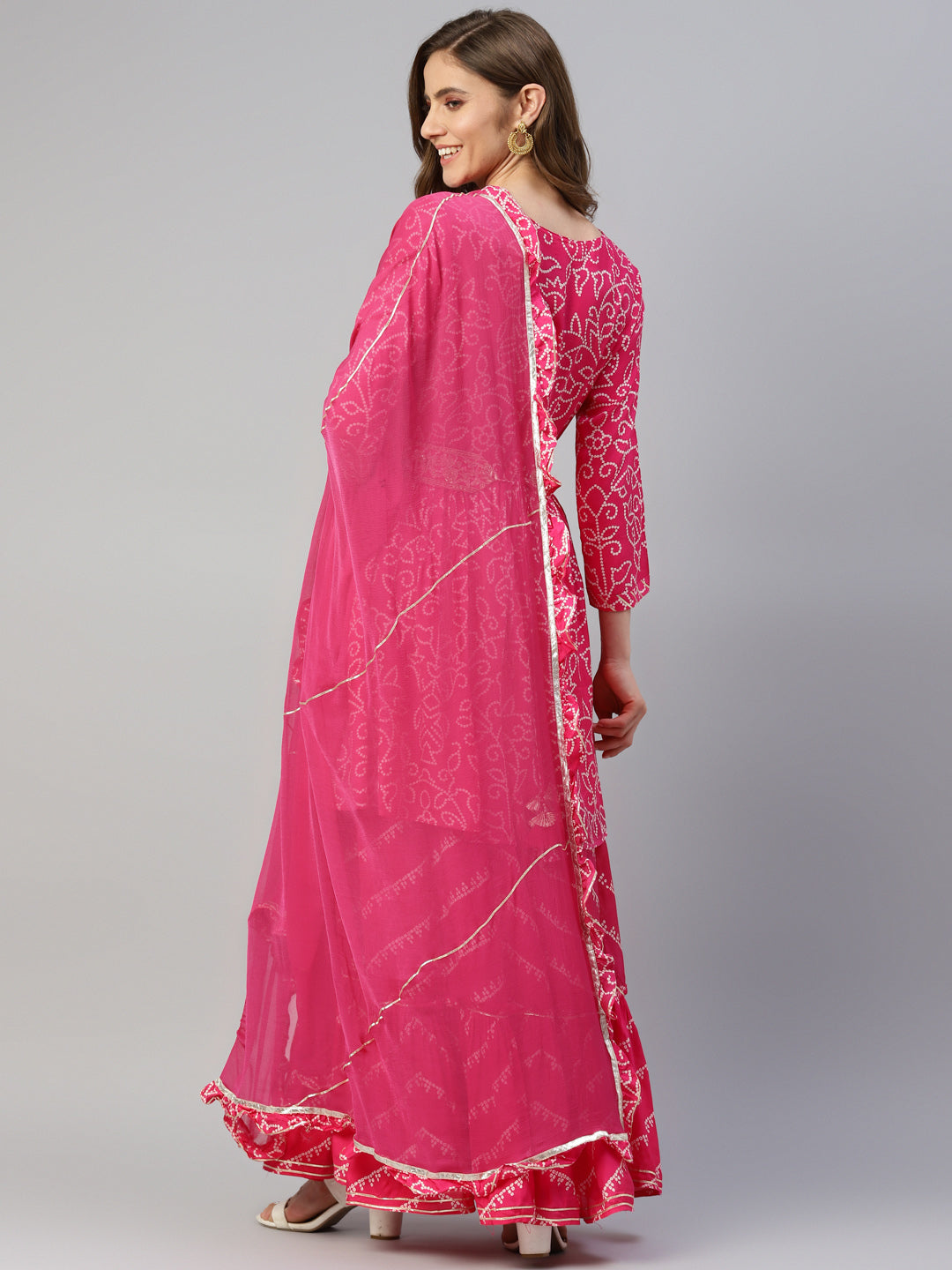 Women's Pink Muslin Bandhani Printed Embroidery Peplum Kurta Sharara Set with Dupatta - Taantav