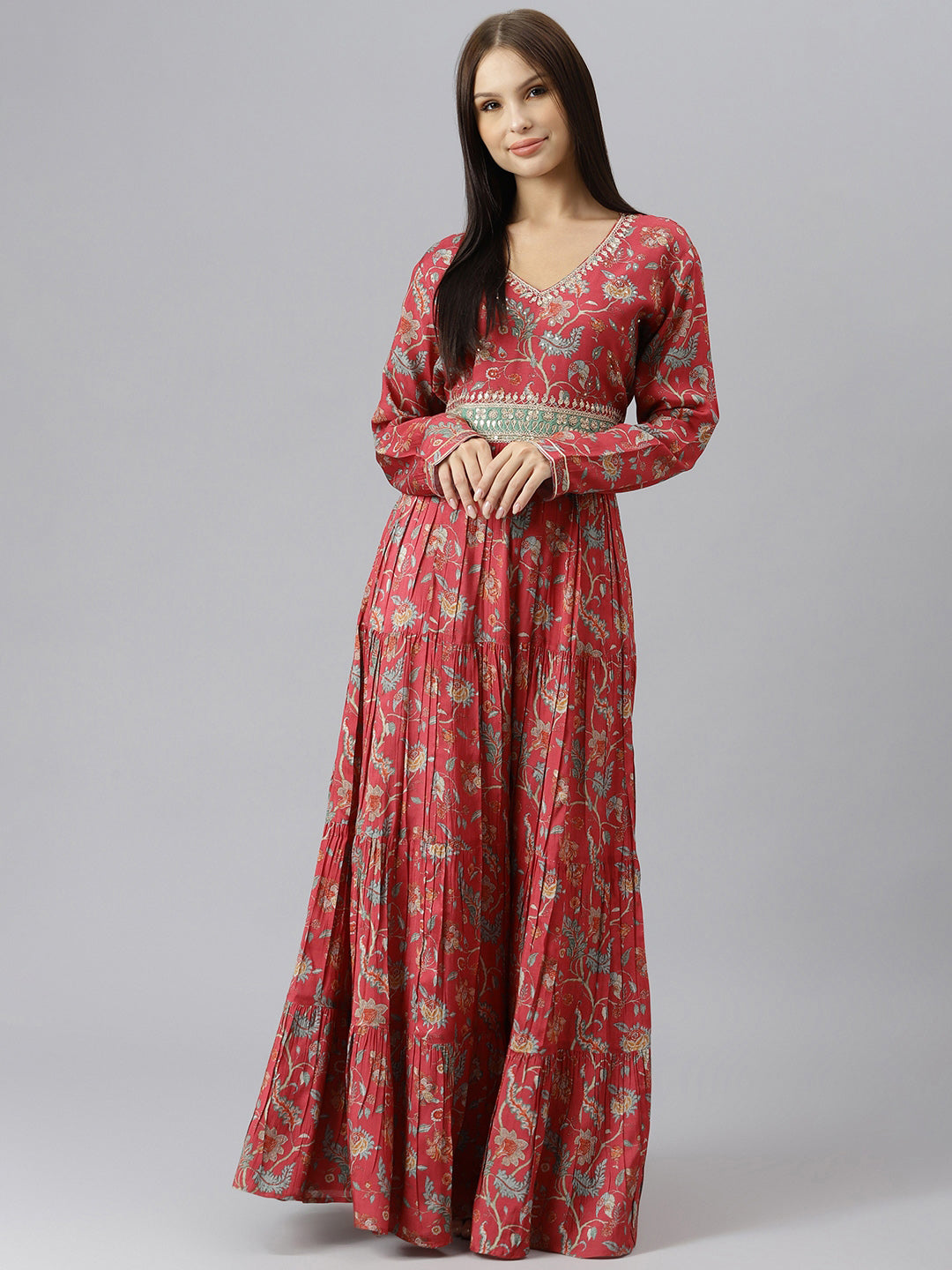 Women's Maroon Floral Printed Muslin Flared Gown - Taantav