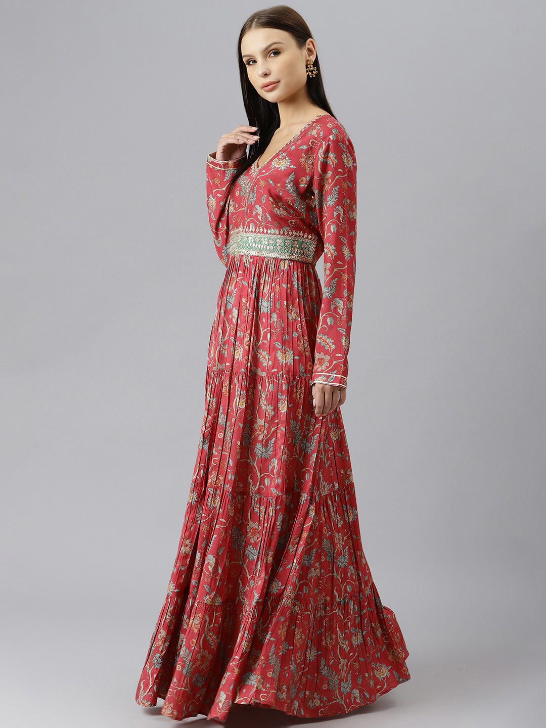 Women's Maroon Floral Printed Muslin Flared Gown - Taantav