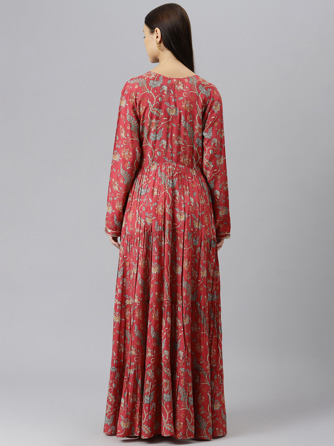 Women's Maroon Floral Printed Muslin Flared Gown - Taantav