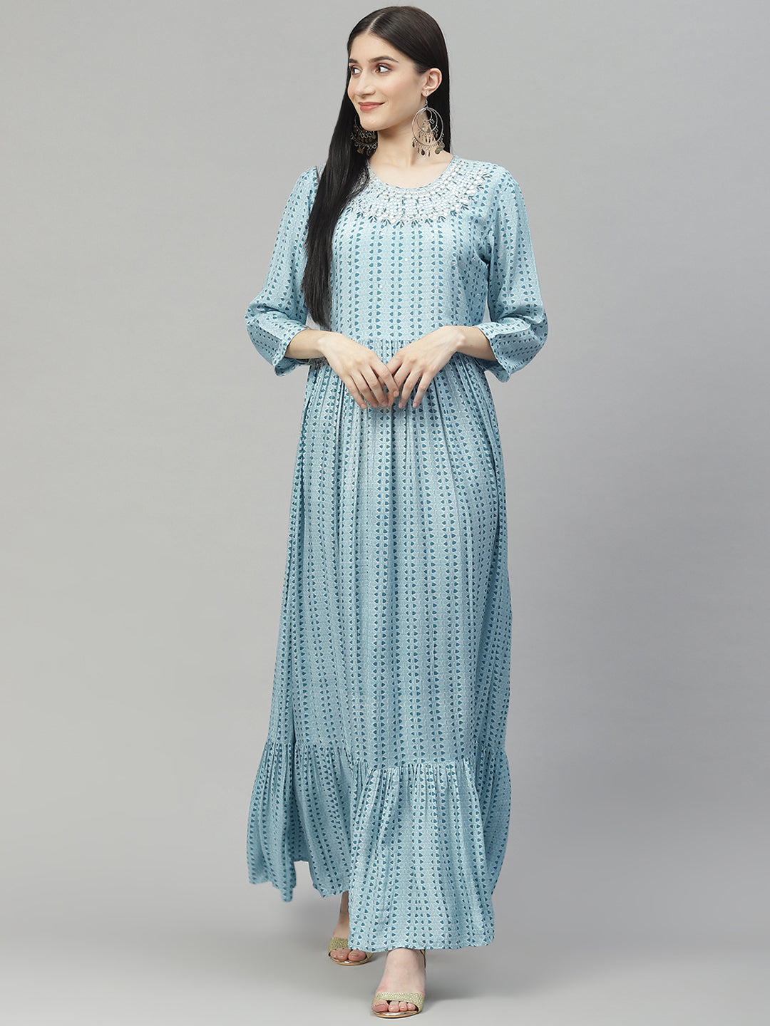 Women's Blue Muslin Flared Gown - Taantav