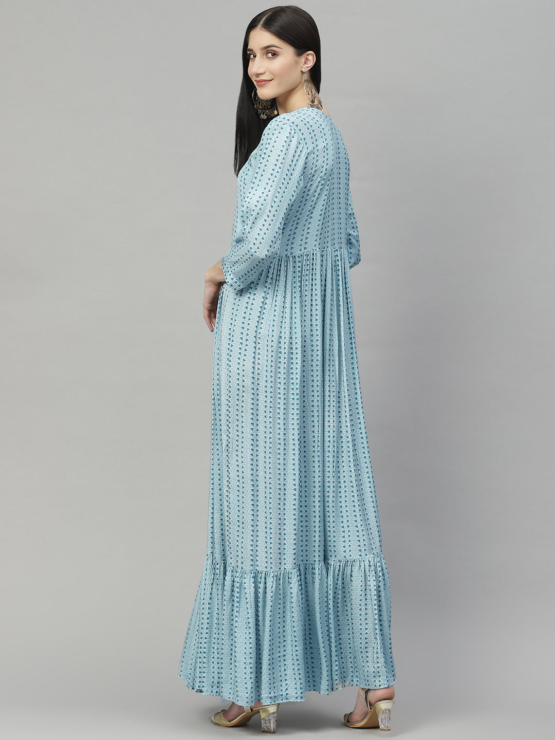 Women's Blue Muslin Flared Gown - Taantav