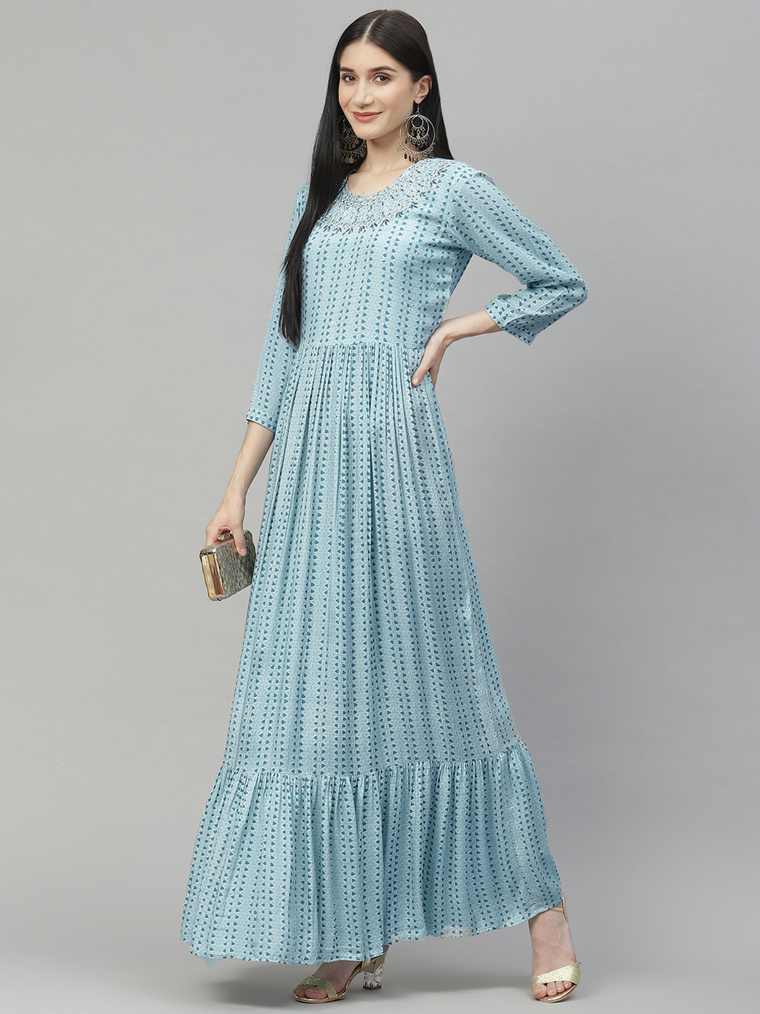 Women's Blue Muslin Flared Gown - Taantav