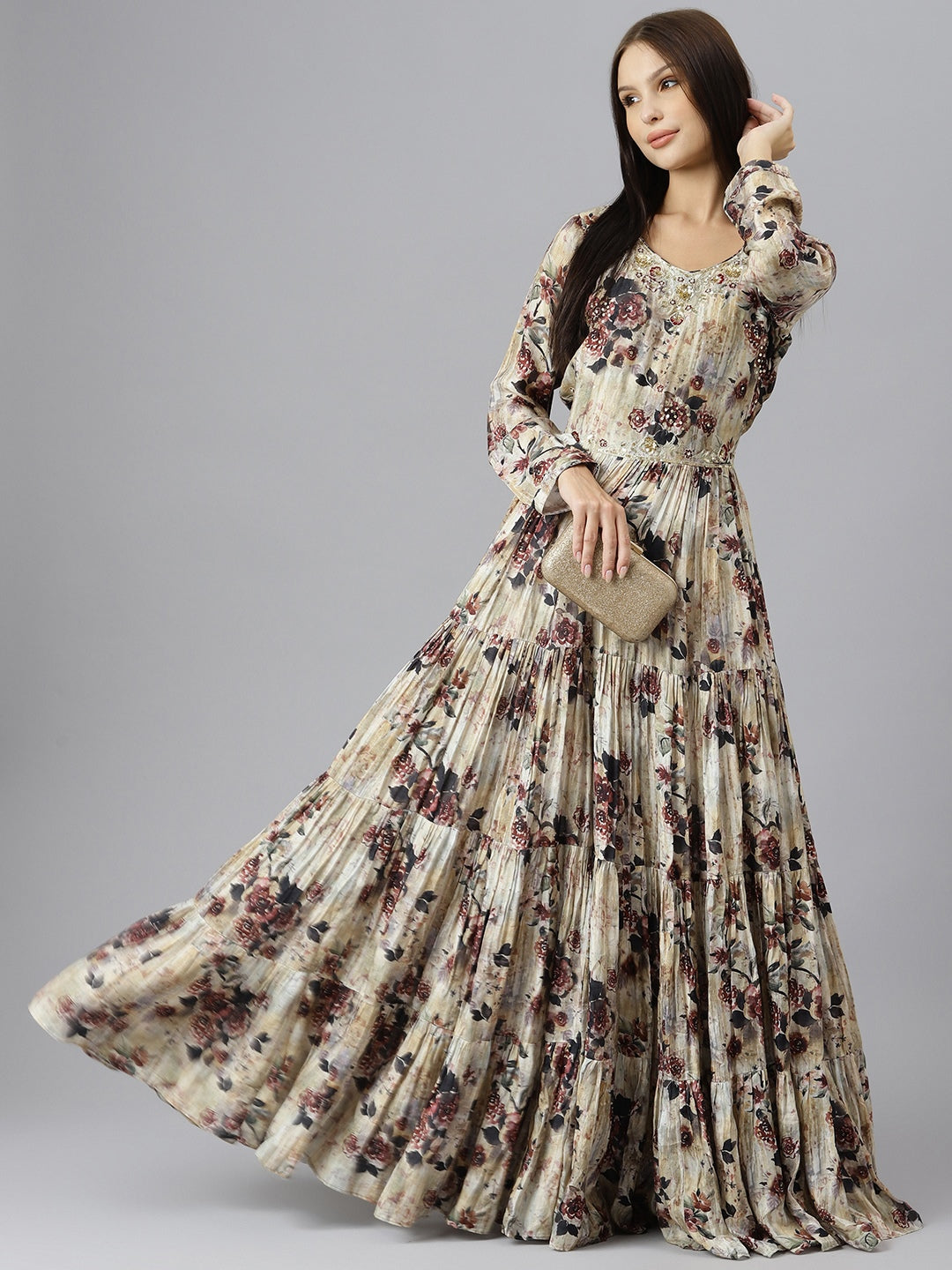 Women's Cream Floral Printed Muslin Flared Gown - Taantav