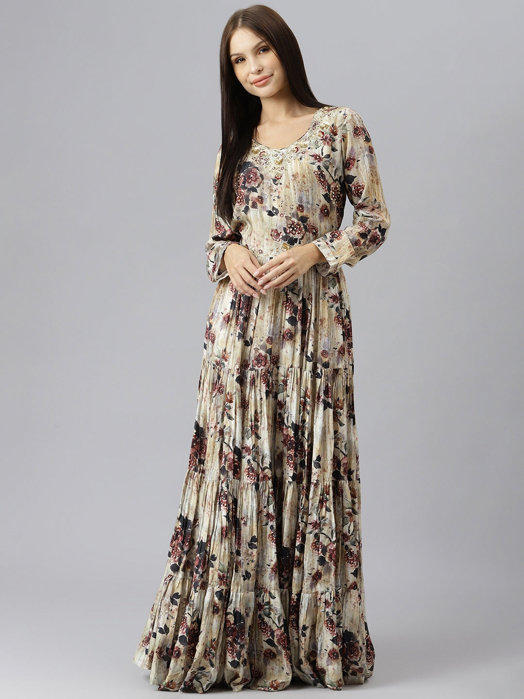 Women's Cream Floral Printed Muslin Flared Gown - Taantav