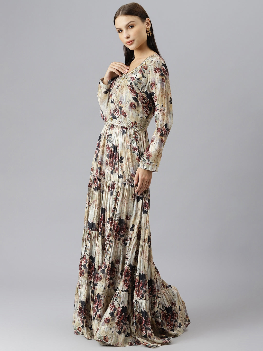 Women's Cream Floral Printed Muslin Flared Gown - Taantav