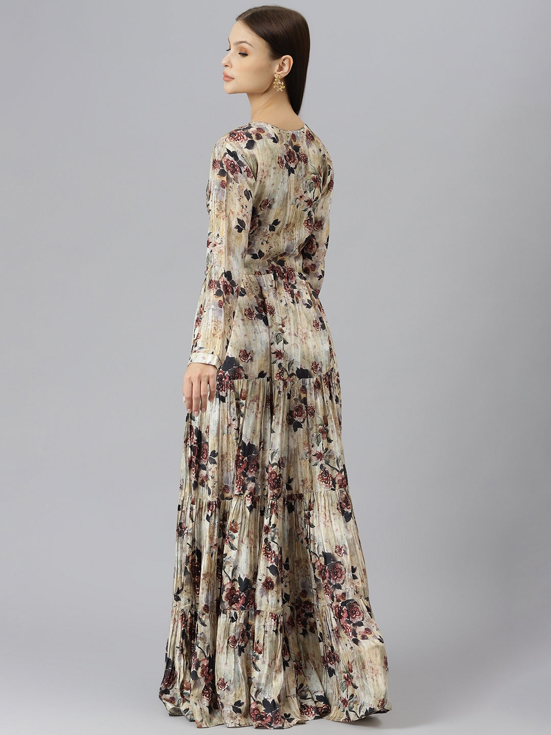 Women's Cream Floral Printed Muslin Flared Gown - Taantav