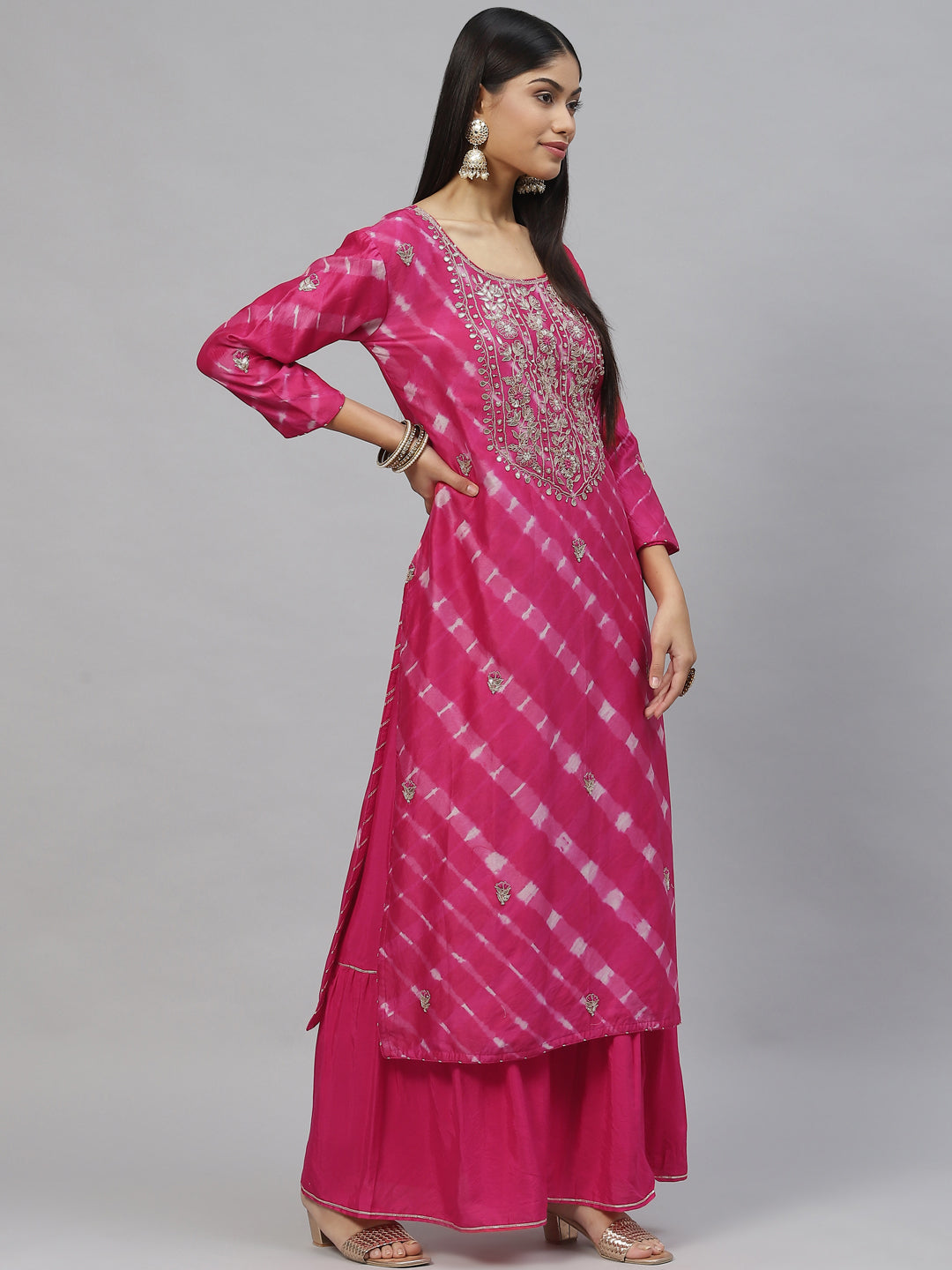 Women's Dark Pink Pure Russian Chenderi Kurta Sharara Set with Dupatta - Taantav