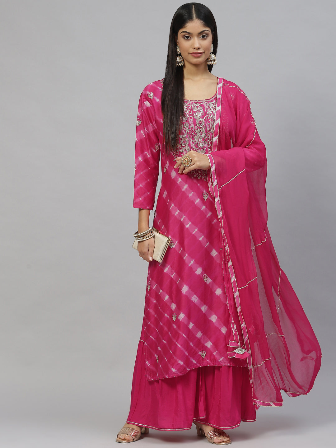 Women's Dark Pink Pure Russian Chenderi Kurta Sharara Set with Dupatta - Taantav