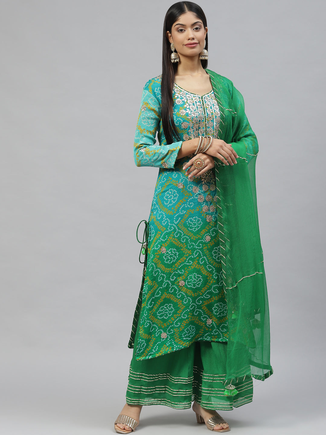 Women's Pure Chinon Rama green Bandhani Printed Kurta Sharara Set with Dupatta - Taantav