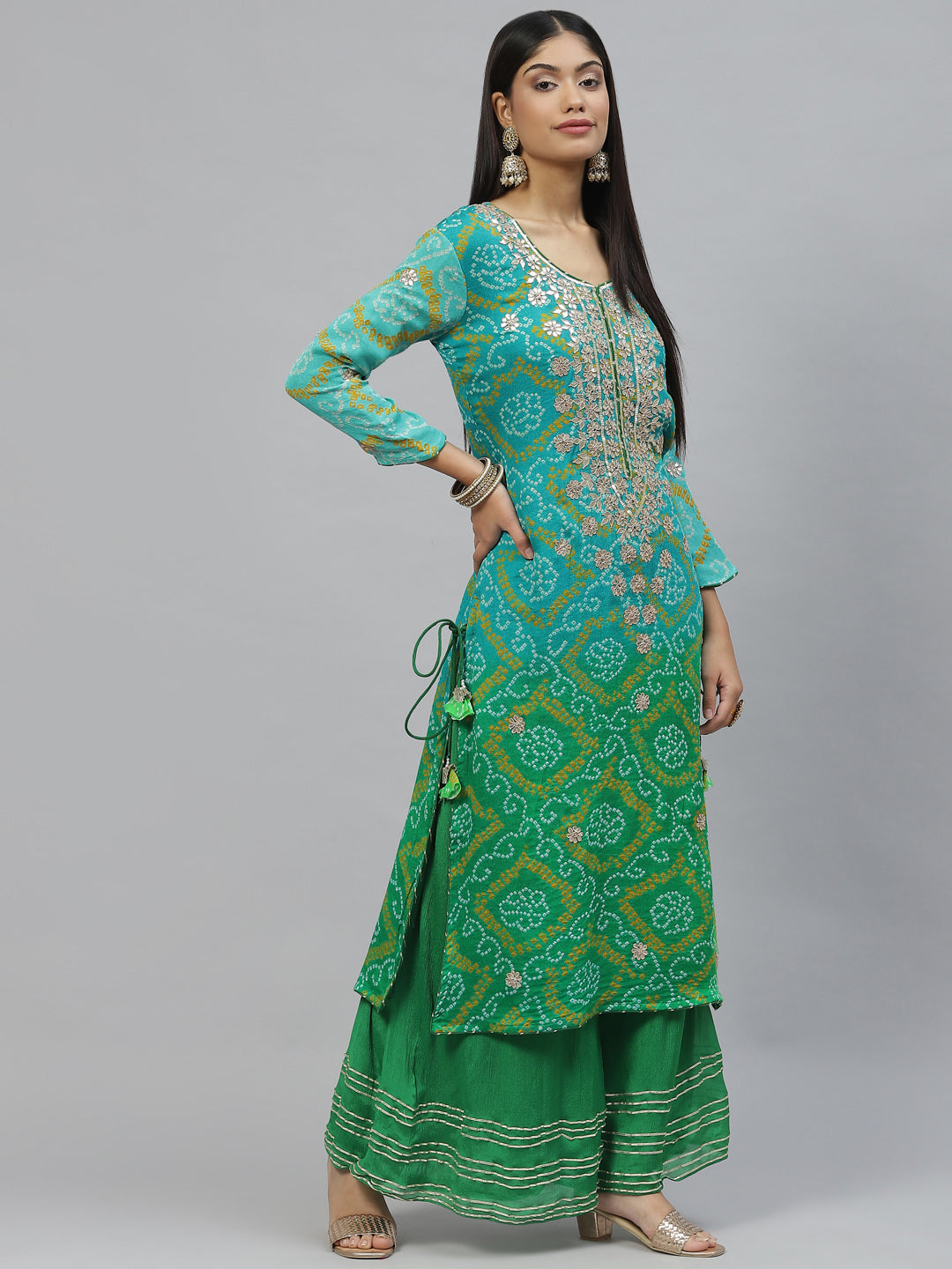 Women's Pure Chinon Rama green Bandhani Printed Kurta Sharara Set with Dupatta - Taantav