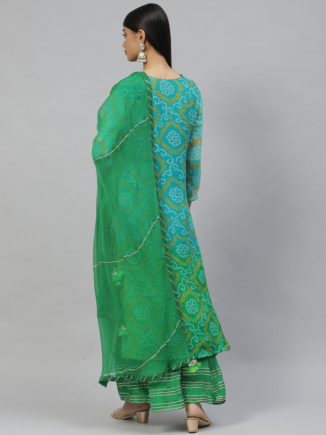 Women's Pure Chinon Rama green Bandhani Printed Kurta Sharara Set with Dupatta - Taantav