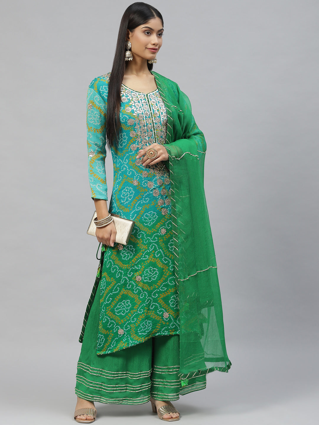 Women's Pure Chinon Rama green Bandhani Printed Kurta Sharara Set with Dupatta - Taantav