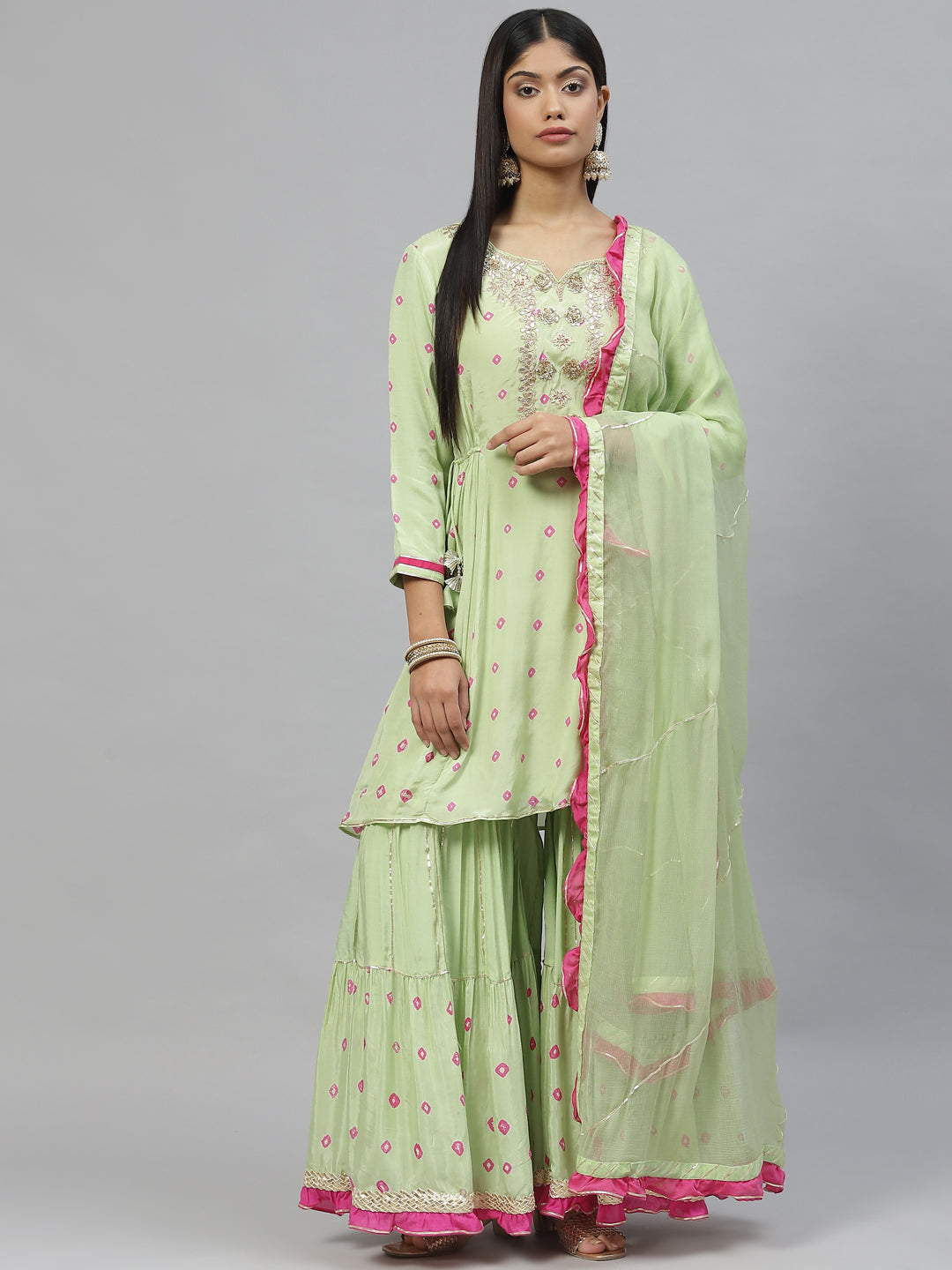 Women's Green Pure Muslin Peplum Hand embroidery Kurta Sharara with Chiffon dupatta - Taantav