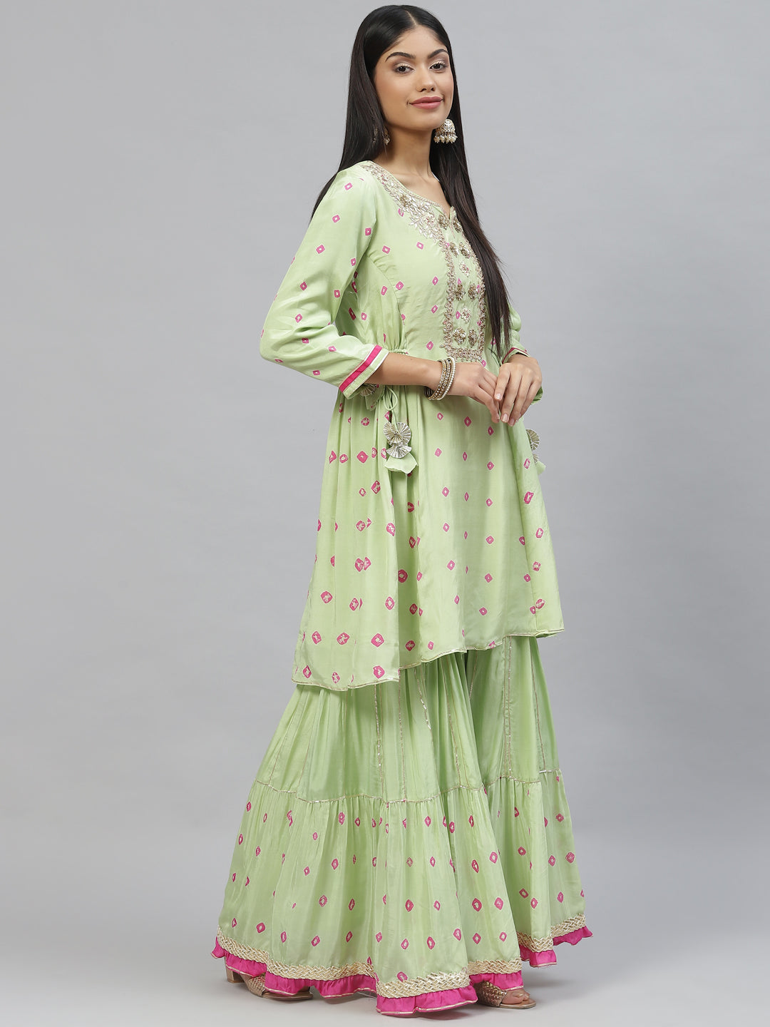 Women's Green Pure Muslin Peplum Hand embroidery Kurta Sharara with Chiffon dupatta - Taantav