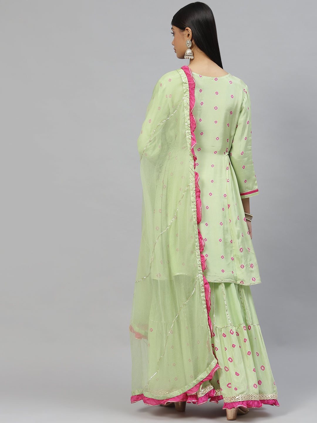 Women's Green Pure Muslin Peplum Hand embroidery Kurta Sharara with Chiffon dupatta - Taantav