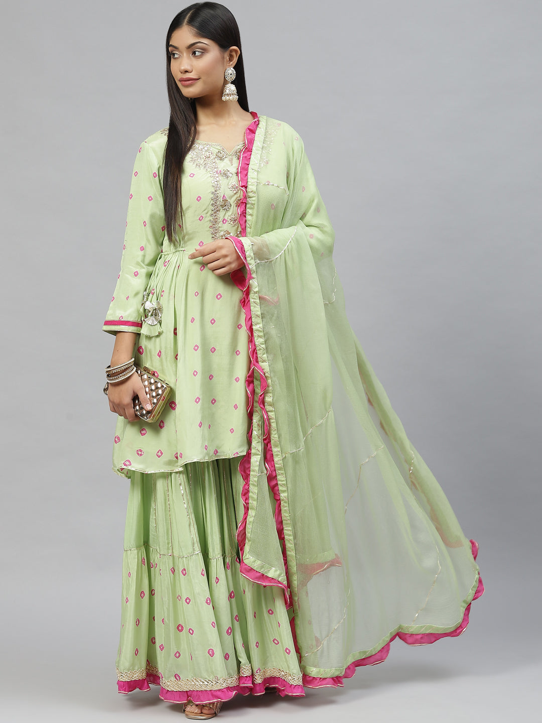 Women's Green Pure Muslin Peplum Hand embroidery Kurta Sharara with Chiffon dupatta - Taantav