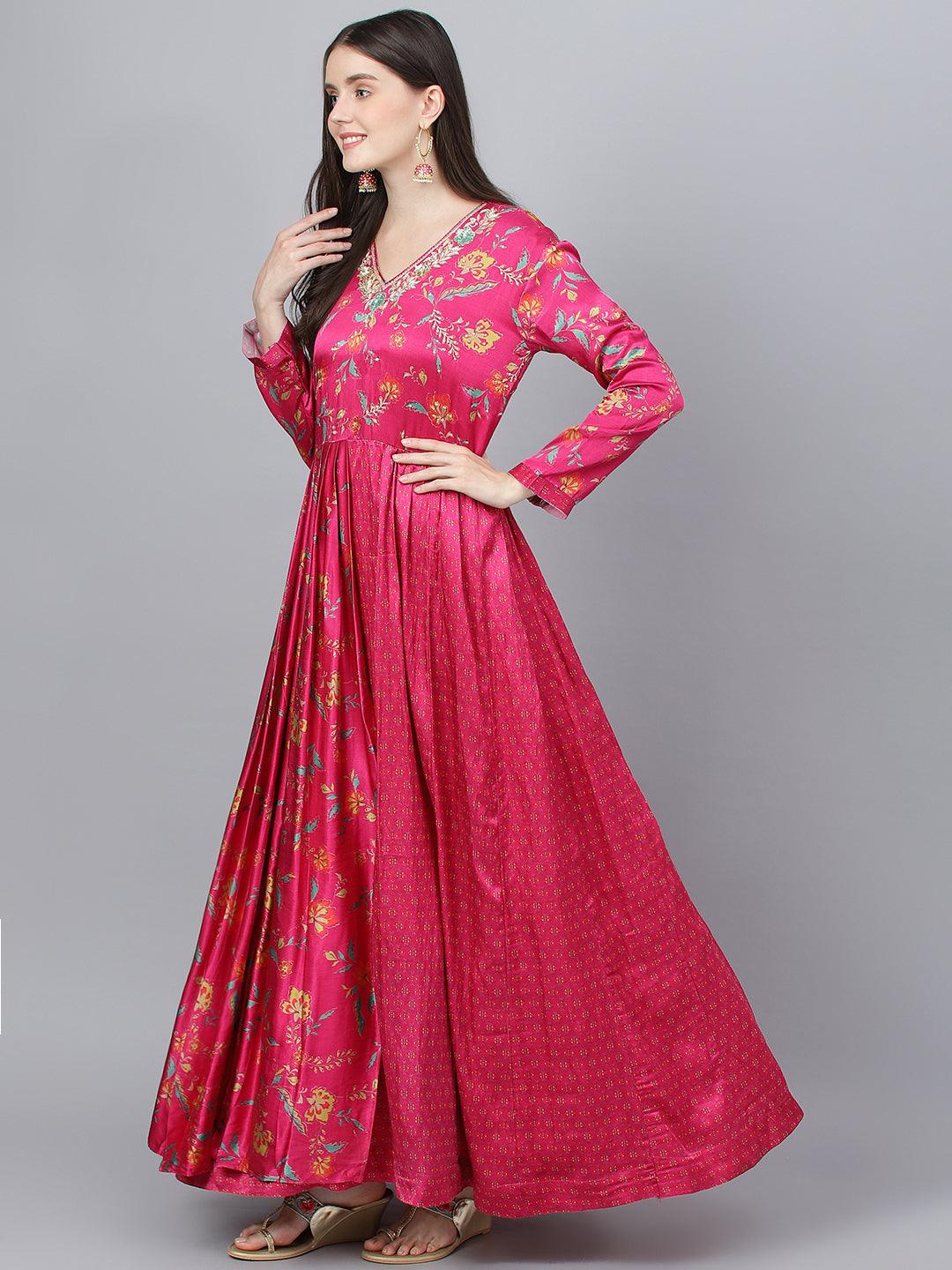 Women's Pink Floral Printed Gaji Silk Flared Gown - Taantav