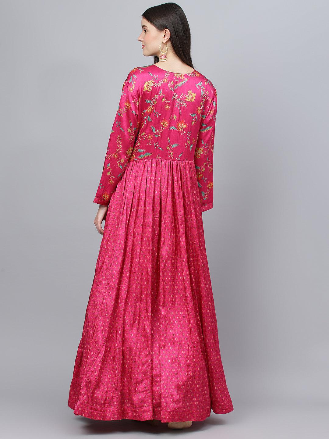 Women's Pink Floral Printed Gaji Silk Flared Gown - Taantav