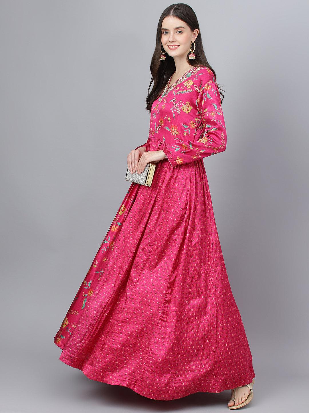 Women's Pink Floral Printed Gaji Silk Flared Gown - Taantav