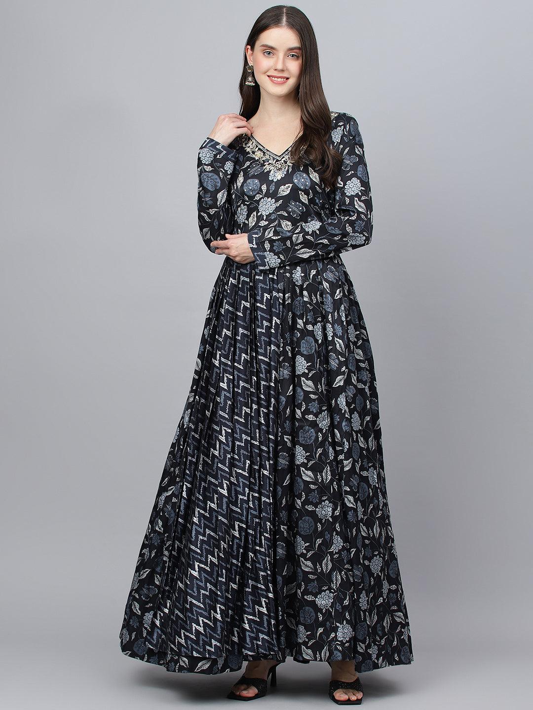 Women's Black Floral Printed Gaji Silk Flared Gown - Taantav