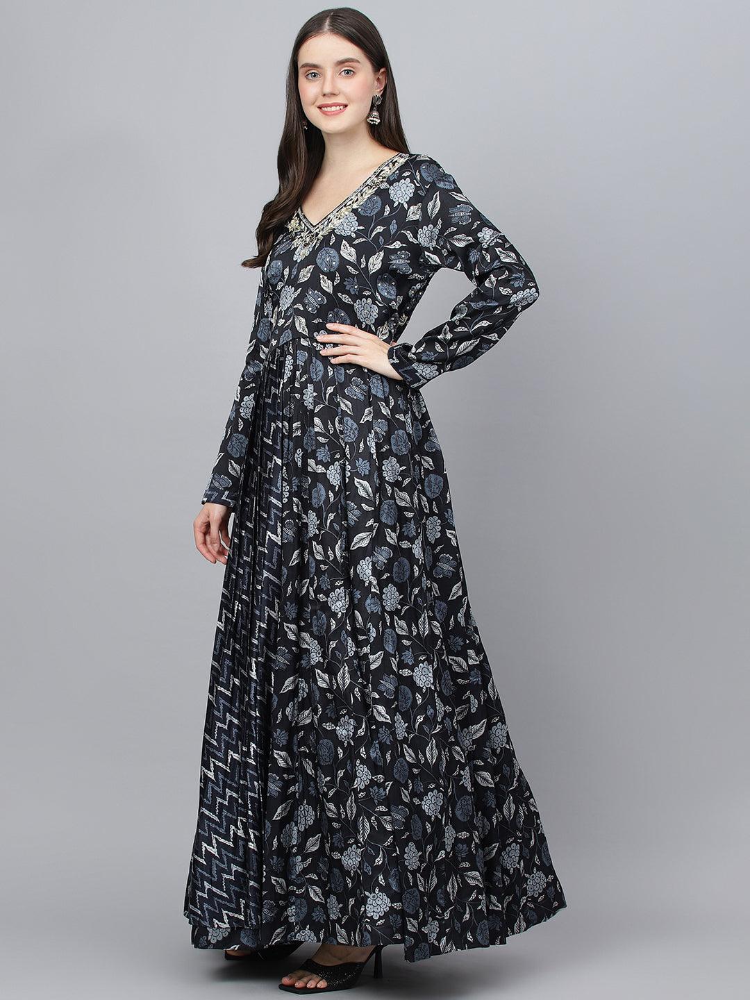 Women's Black Floral Printed Gaji Silk Flared Gown - Taantav