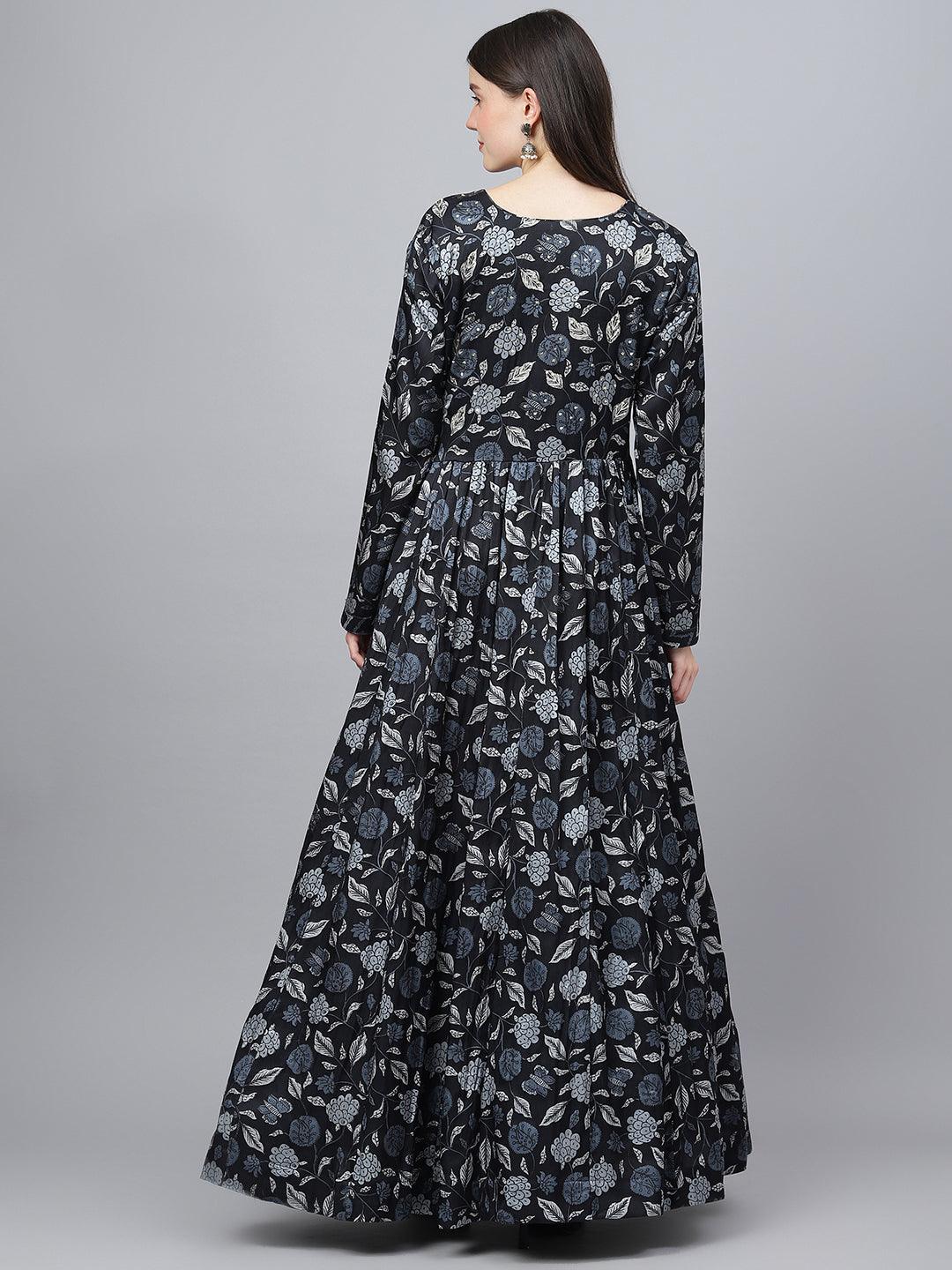 Women's Black Floral Printed Gaji Silk Flared Gown - Taantav