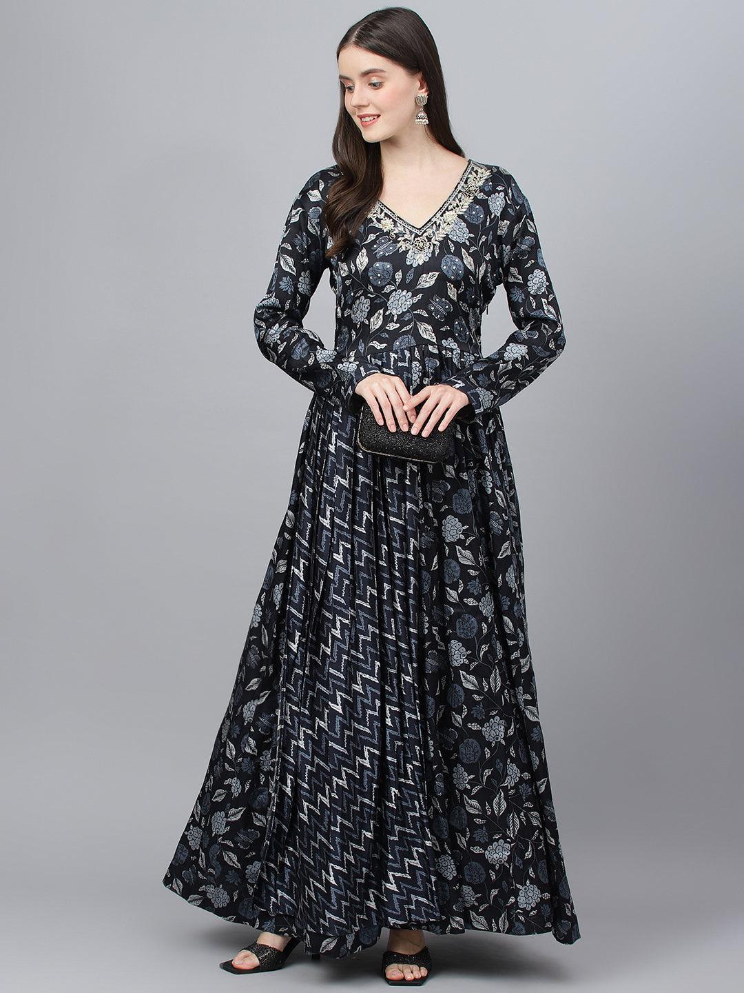 Women's Black Floral Printed Gaji Silk Flared Gown - Taantav