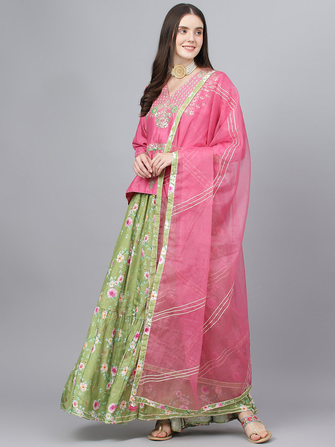 Women's Pink and Green Russian Silk Flared Lehenga Choli Set with Organza Dupatta - Taantav