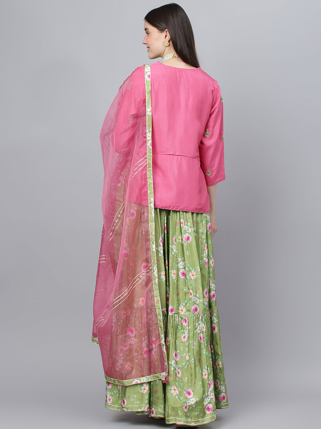 Women's Pink and Green Russian Silk Flared Lehenga Choli Set with Organza Dupatta - Taantav