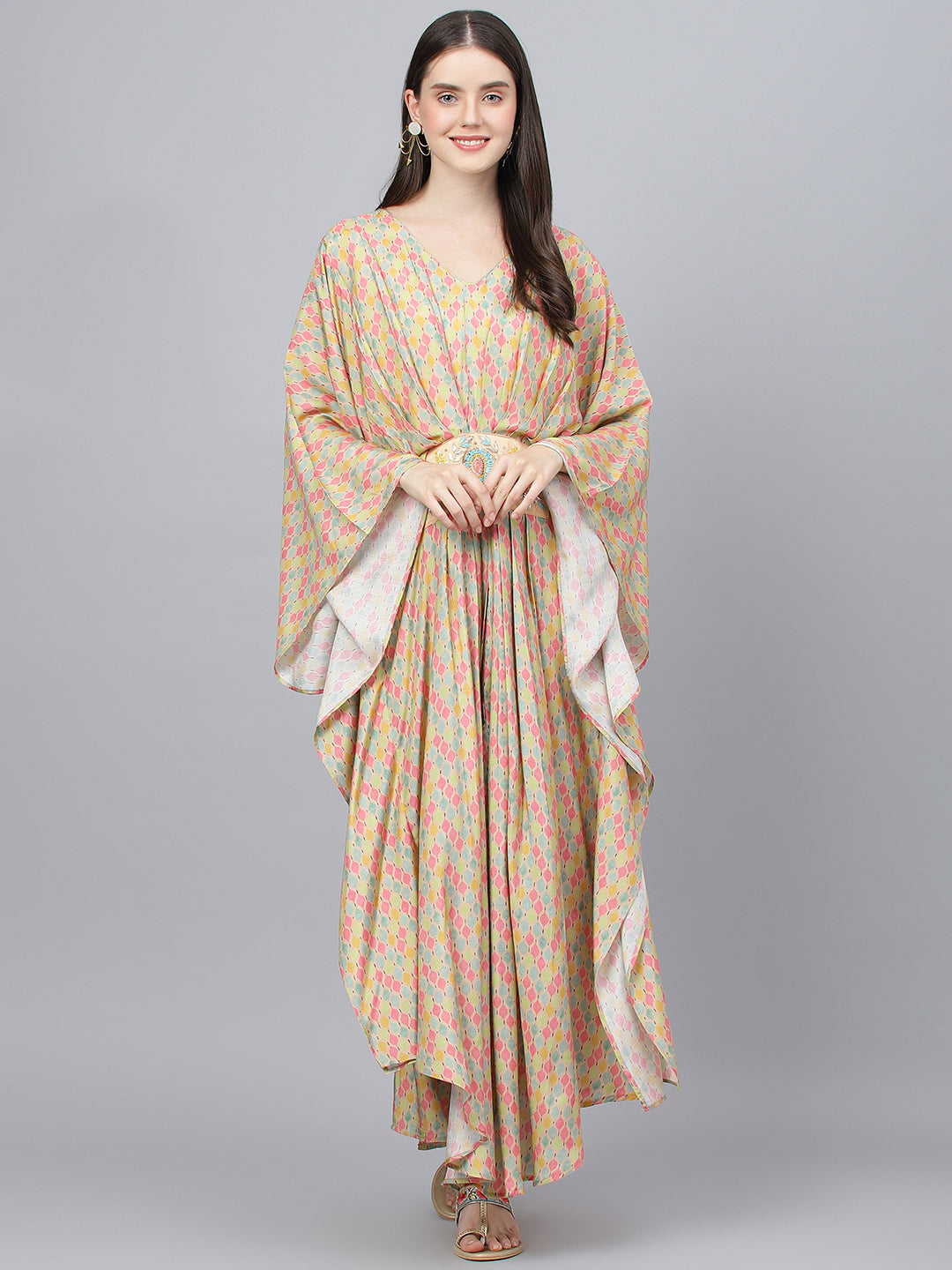 Women's Multi Color Printed Muslin Flared Kaftan Dress - Taantav