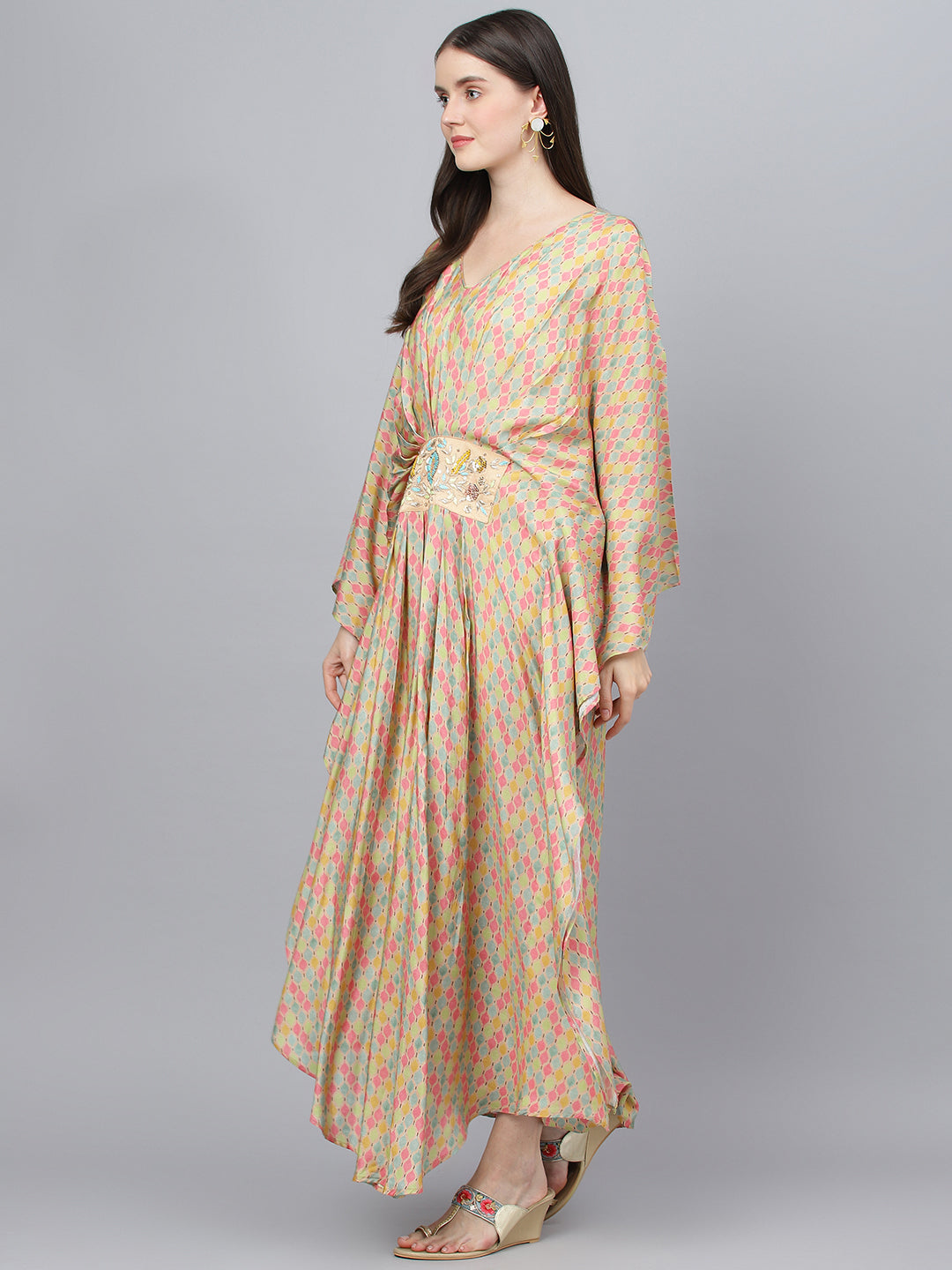 Women's Multi Color Printed Muslin Flared Kaftan Dress - Taantav