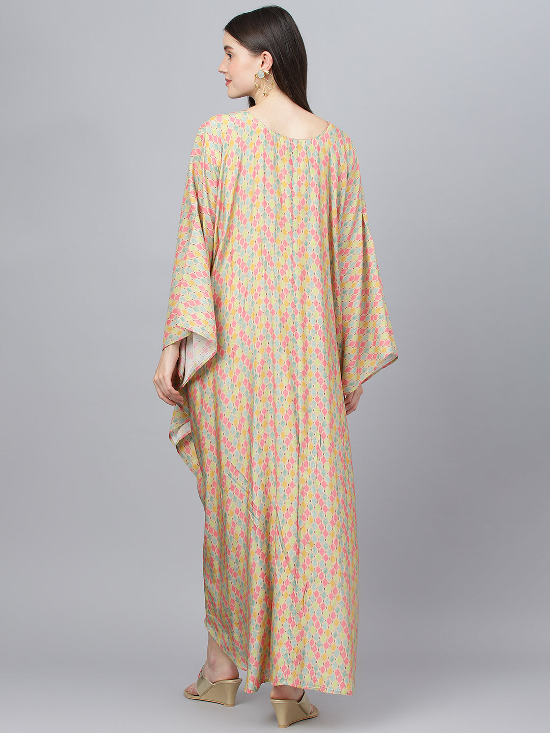 Women's Multi Color Printed Muslin Flared Kaftan Dress - Taantav