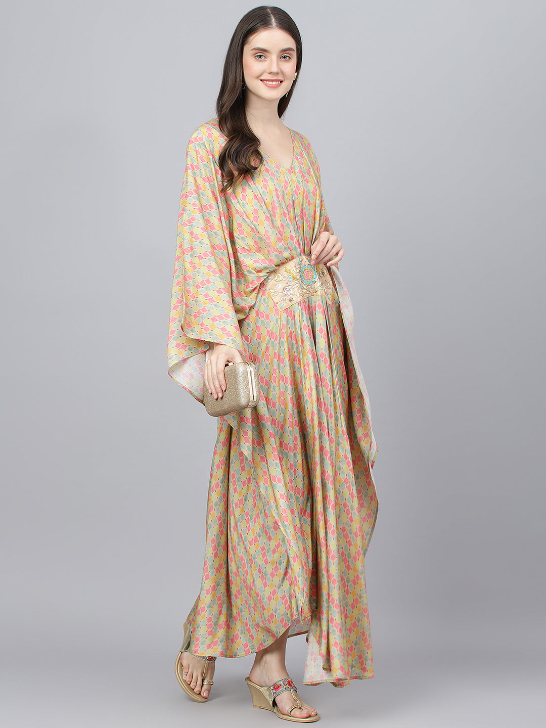 Women's Multi Color Printed Muslin Flared Kaftan Dress - Taantav