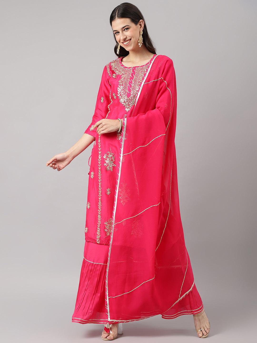 Women's Pink Russian silk Hand embroidery Kurta Sharara with Organza dupatta - Taantav