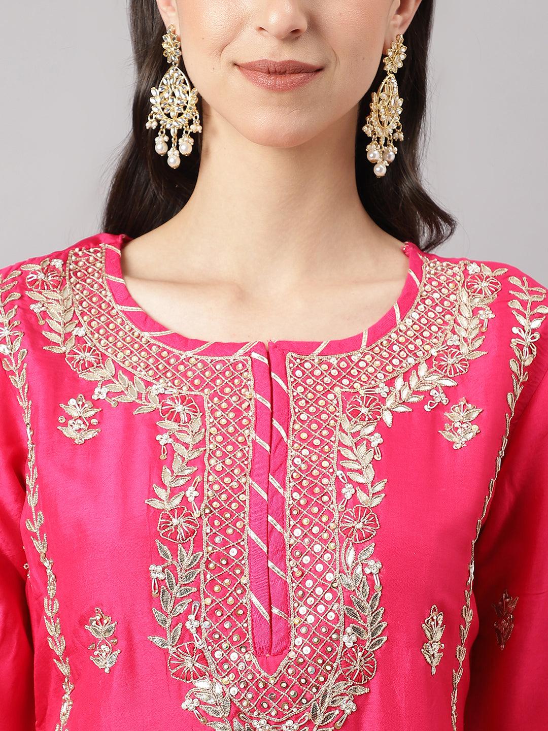 Women's Pink Russian silk Hand embroidery Kurta Sharara with Organza dupatta - Taantav