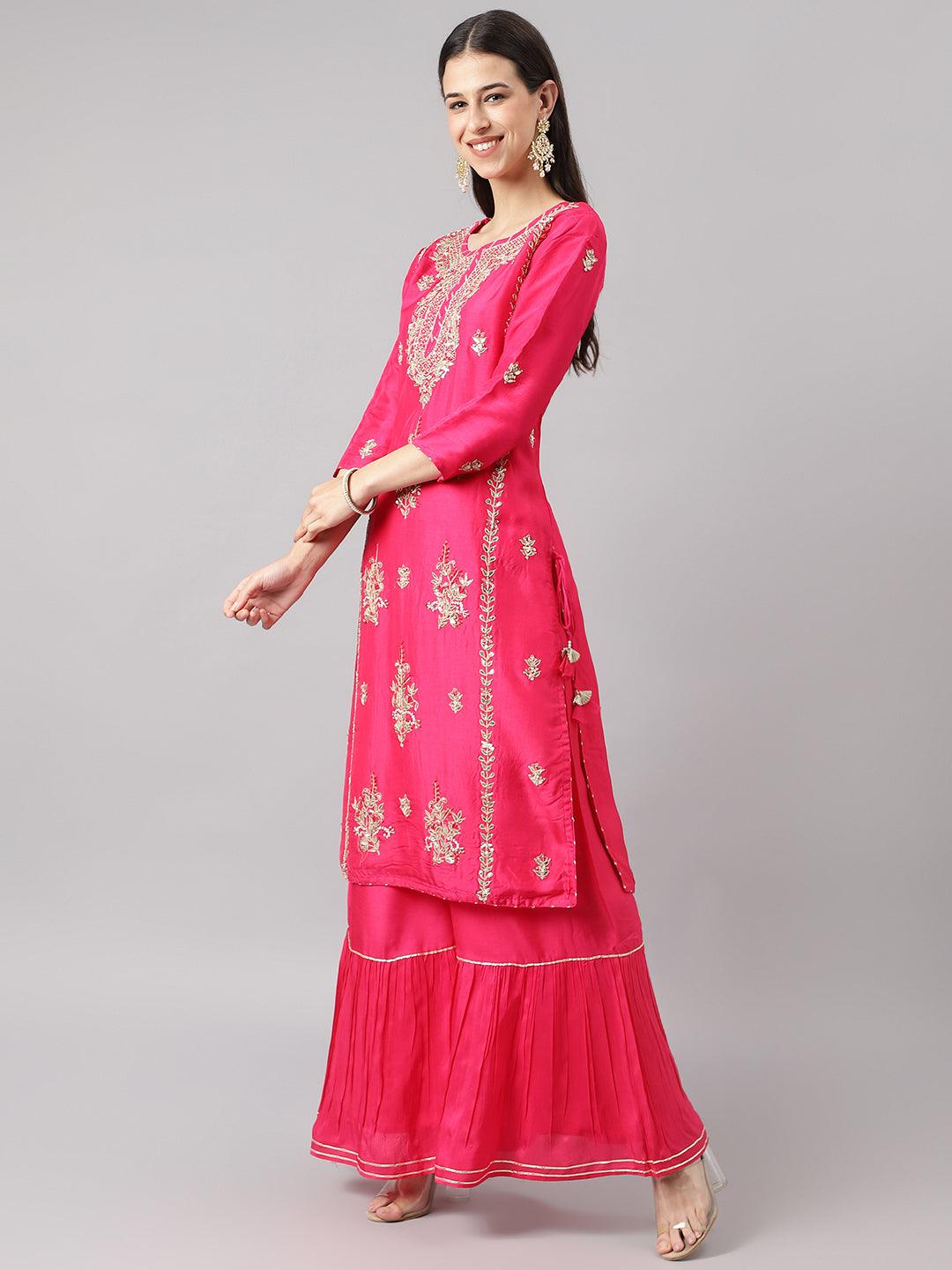 Women's Pink Russian silk Hand embroidery Kurta Sharara with Organza dupatta - Taantav