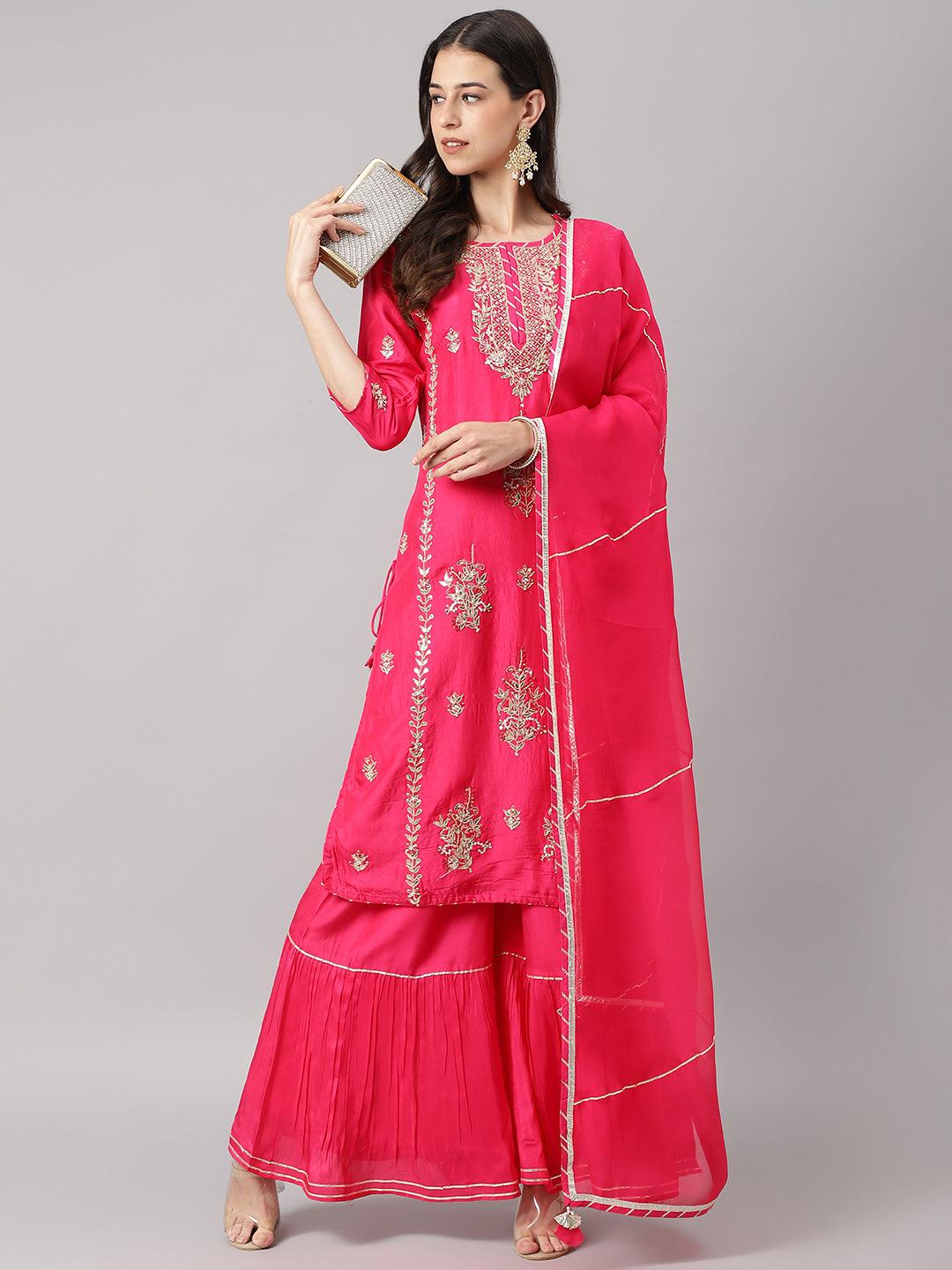 Women's Pink Russian silk Hand embroidery Kurta Sharara with Organza dupatta - Taantav