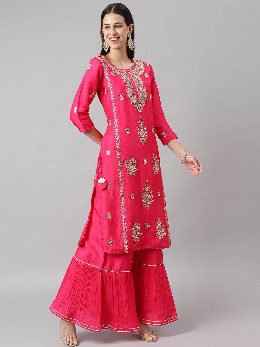 Women's Pink Russian silk Hand embroidery Kurta Sharara with Organza dupatta - Taantav