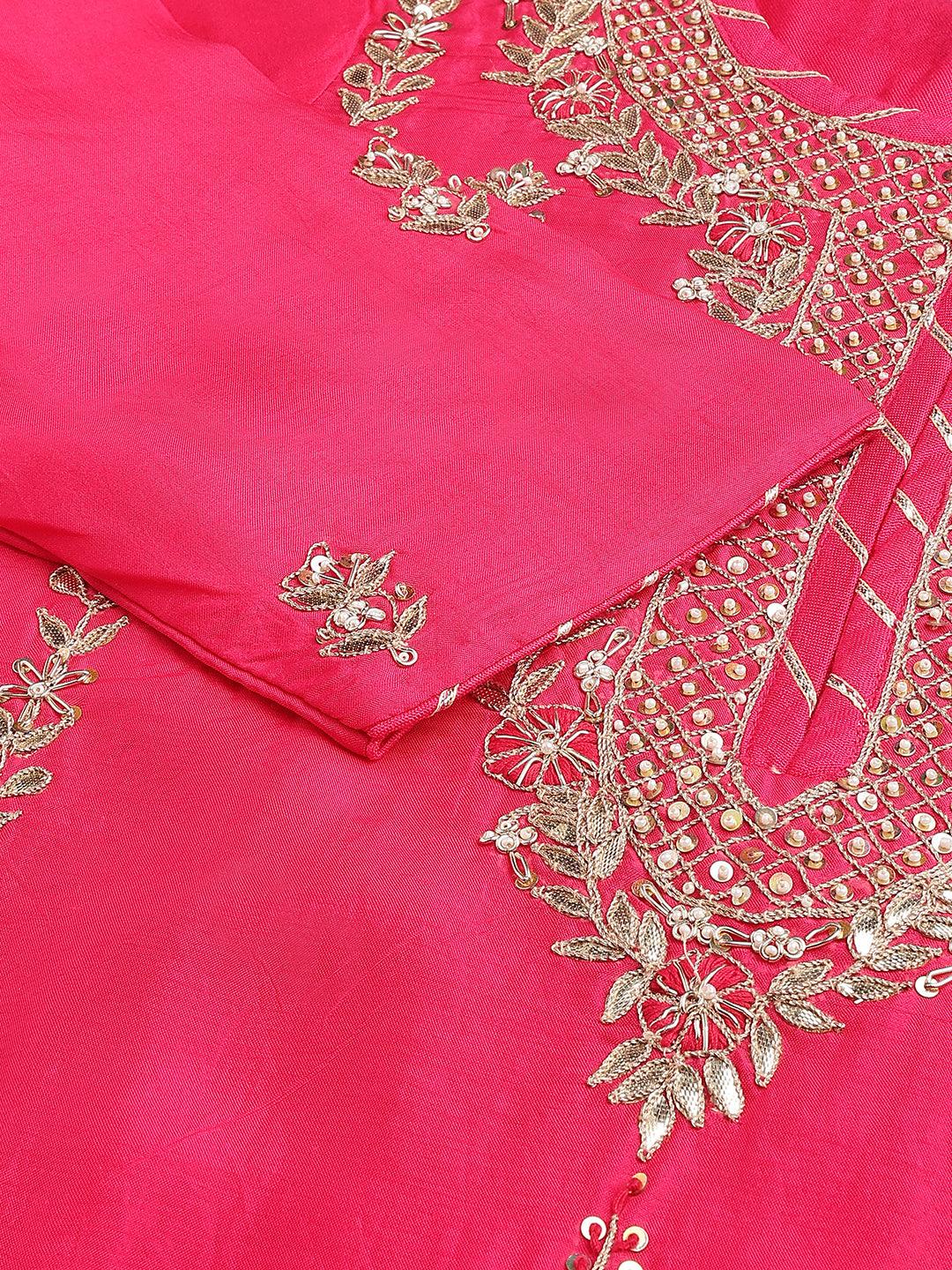 Women's Pink Russian silk Hand embroidery Kurta Sharara with Organza dupatta - Taantav