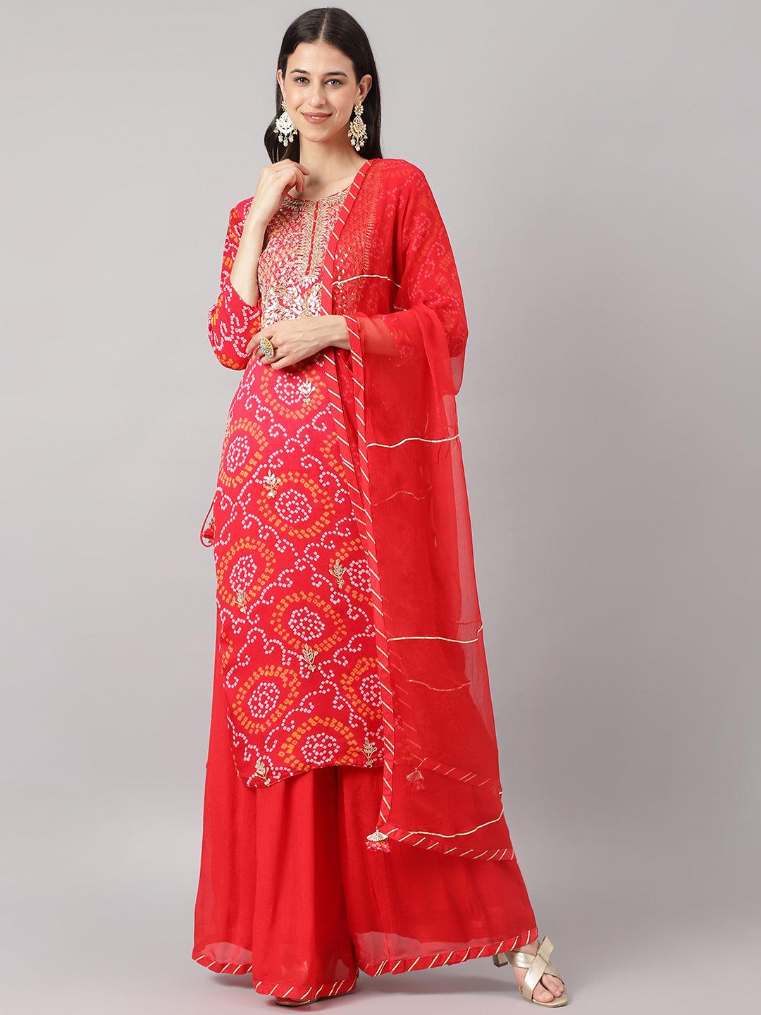 Women's Red Chinon Hand embroidery Kurta Sharara with chiffon dupatta - Taantav