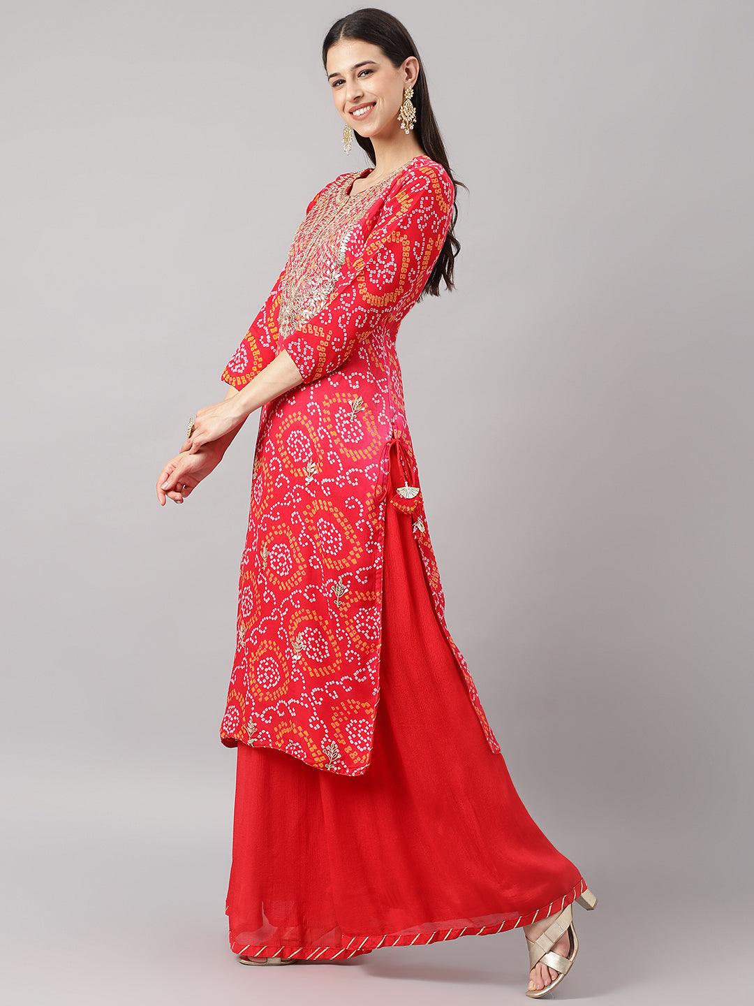 Women's Red Chinon Hand embroidery Kurta Sharara with chiffon dupatta - Taantav