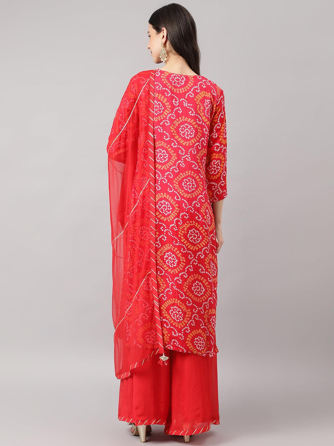 Women's Red Chinon Hand embroidery Kurta Sharara with chiffon dupatta - Taantav